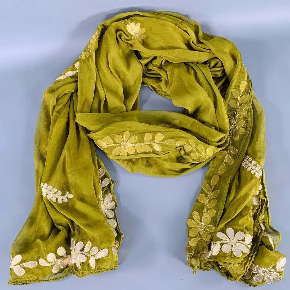 Vintage Olive Green Embroidered Floral Scarf